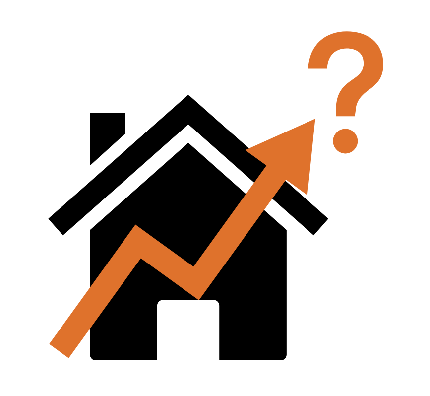house with an arrow going up pointing to a question mark