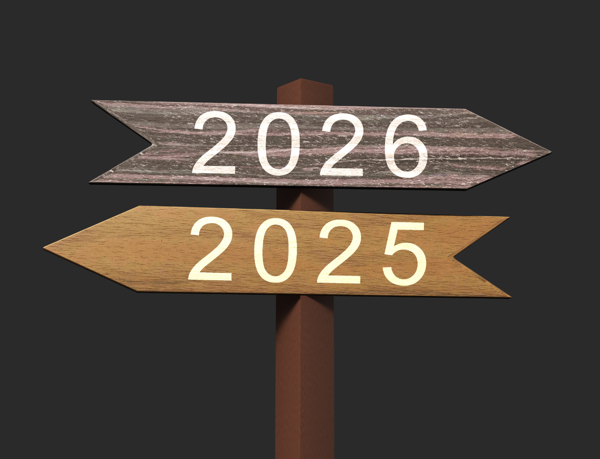 wooden post with 2 arrows 1 pointing to 2025 and the other to 2026