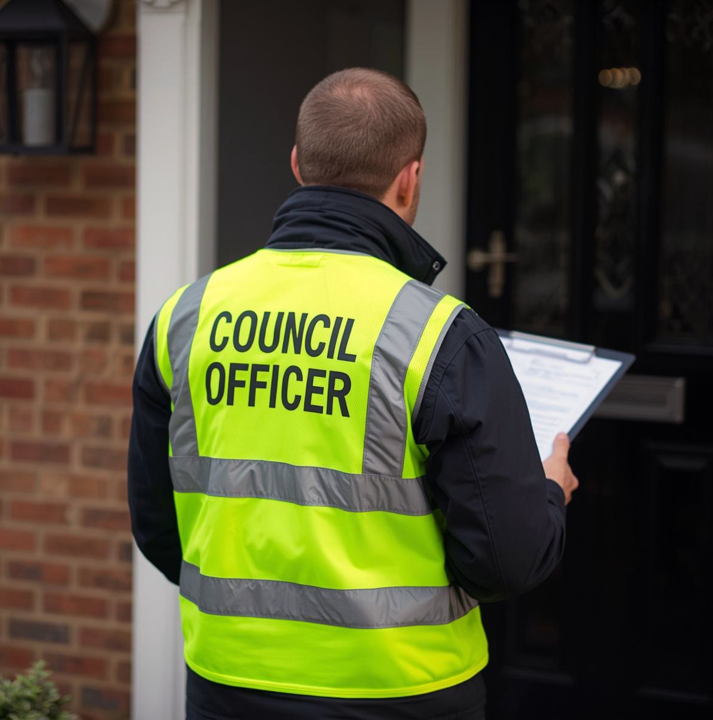 council officer waiting holding a clip board waiting at property door
